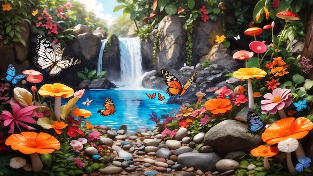 Butterfly with colorful flowers and waterfall mushroom in forest design wallpaper generated by AI