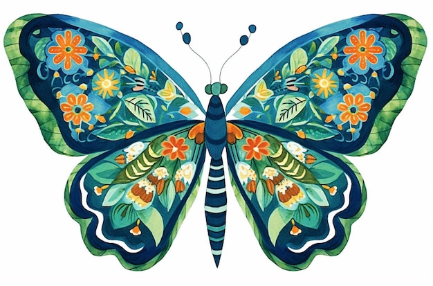 Butterfly with colorful wings and flowers on a white background generative ai