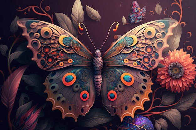 A butterfly with colorful wings is on a dark background.