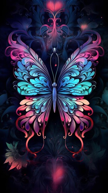 Butterfly with colorful wings and swirls on a dark background generative ai