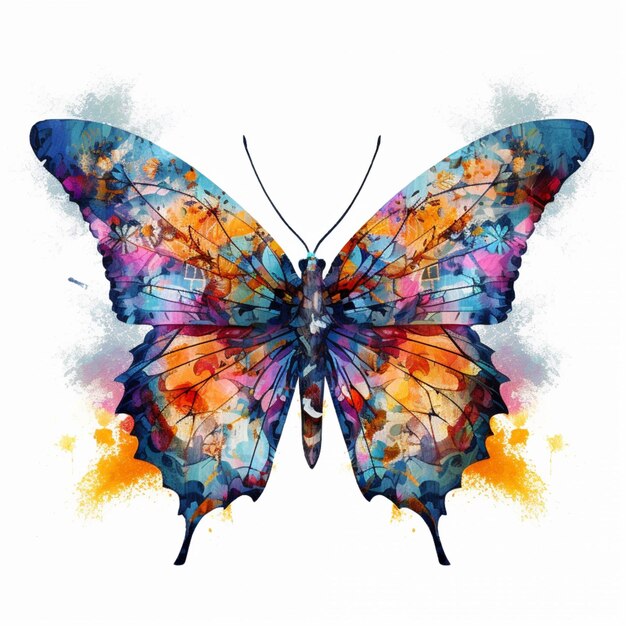 Butterfly with colorful wings on white background with watercolor splashs generative ai