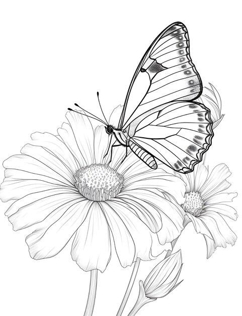 Photo butterfly with flower coloring page for kids