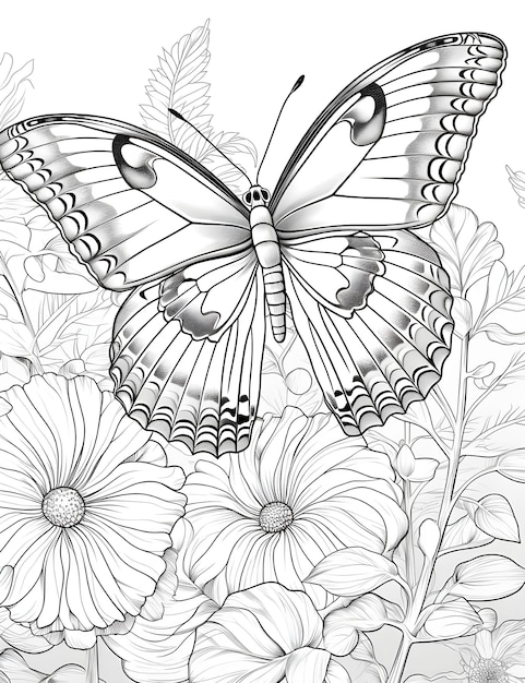 Butterfly with flower coloring page for kids