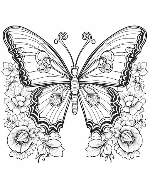 Photo a butterfly with flowers and leaves on it coloring pages generative ai