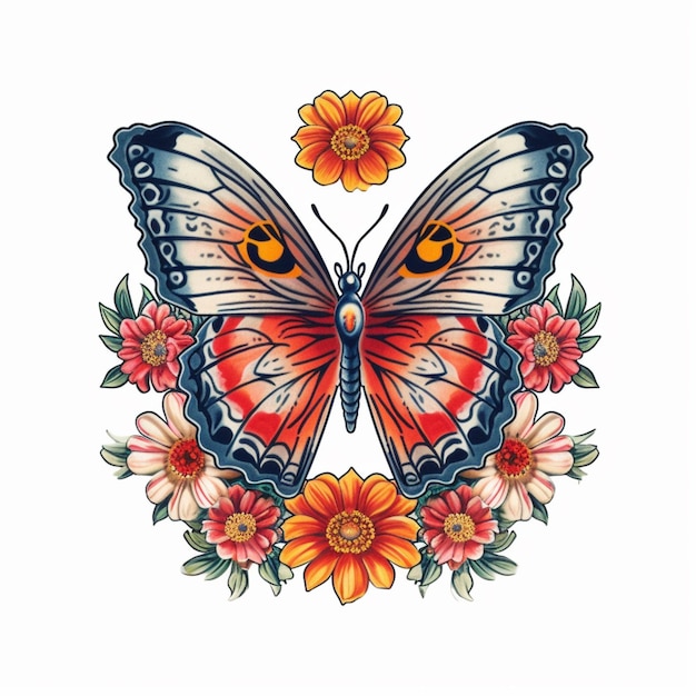 꽃과 잎을 가진 나비 문신 디자인