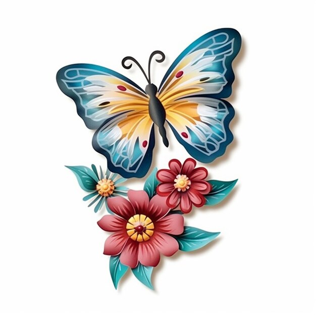 Photo butterfly with flowers and leaves on white background generative ai