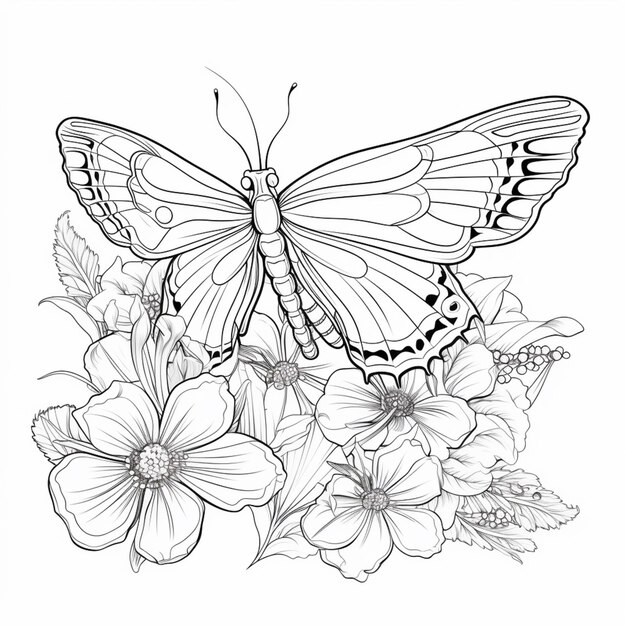 Foto una farfalla con fiori e foglie su uno sfondo bianco generativo ai