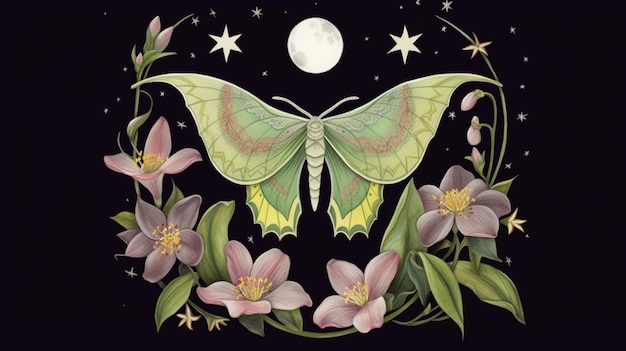 A butterfly with flowers and moon on it