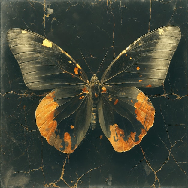 Photo a butterfly with gold and black wings on a black background