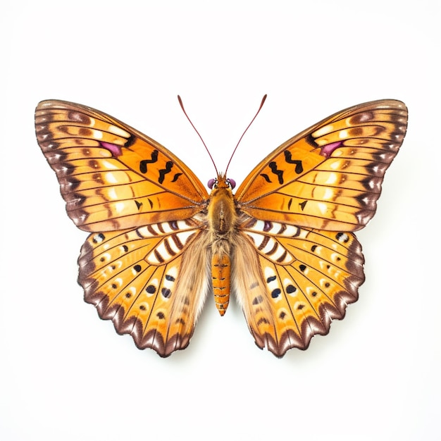 A butterfly with gold and brown wings and black dots is on a white background.
