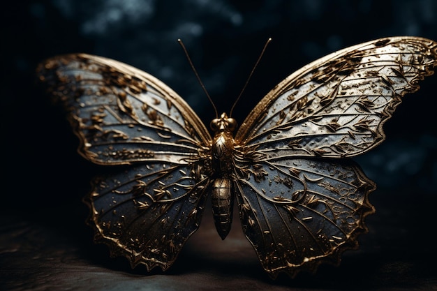 A butterfly with gold wings is shown on a dark background.