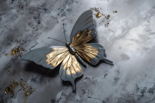 Photo a butterfly with gold wings laying on a marble surface.