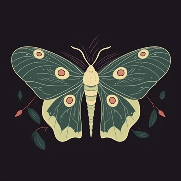 a butterfly with green wings and red eyes on a black background generative ai