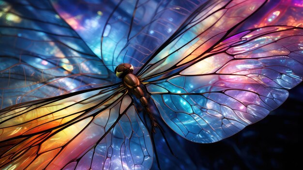 Butterfly with iridescent wings a spectrum of shining colors shimmer from the light The wings display intricate vein patterns adding detailed texture and natural artistry to the image