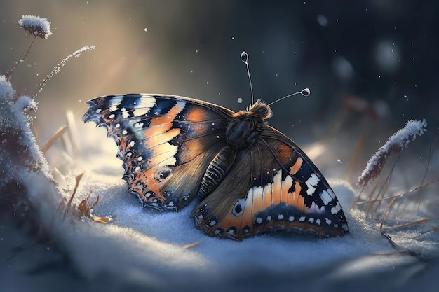 寒い冬に羽を閉じて眠る蝶