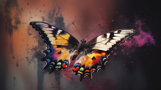 A butterfly with many colors is flying in the air.