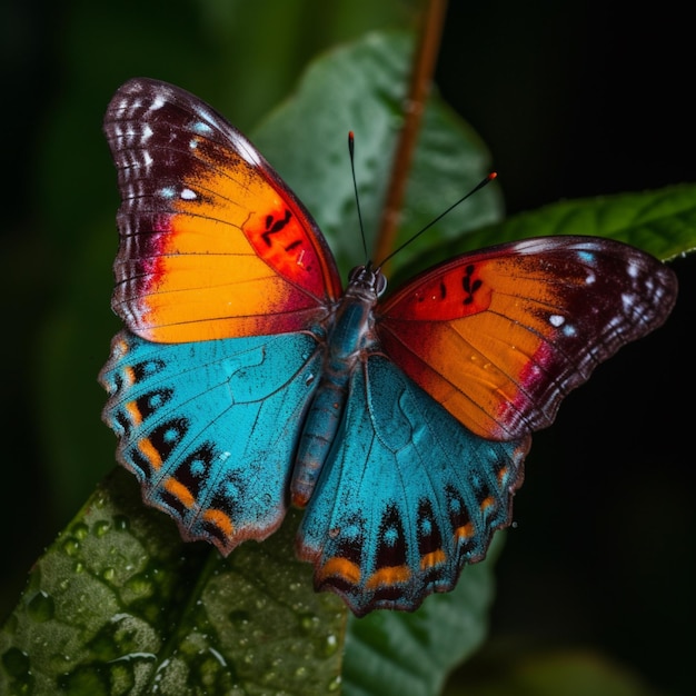 A butterfly with the number 7 on it is on a leaf.