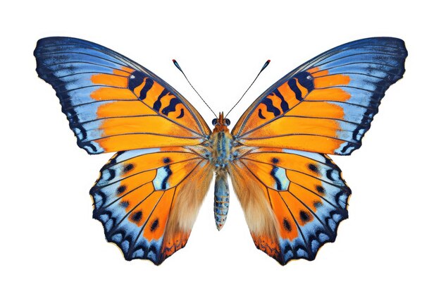 Фото Бабочка с оранжевыми и синими крыльями на белом фоне