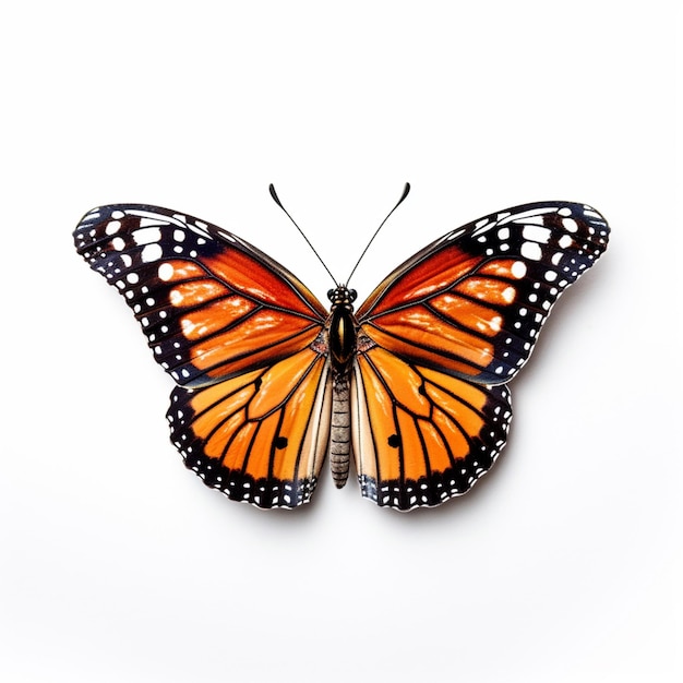 A butterfly with orange and black markings and black on the wings is on a white background.