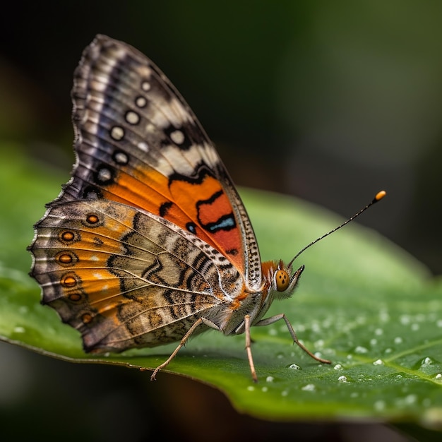 A butterfly with orange and black markings is sitting on a green leaf