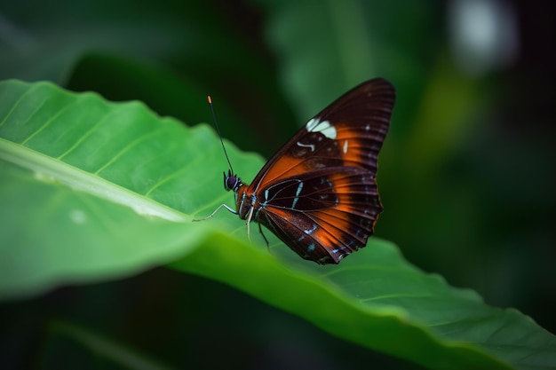 A butterfly with orange and black markings sits on a green leaf.