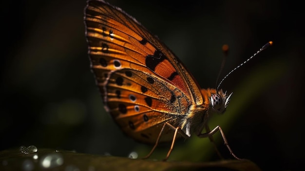 A butterfly with orange and black markings sits on a leaf.