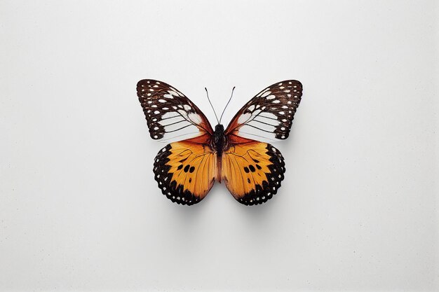 A butterfly with orange and black wings and white spots on the wings