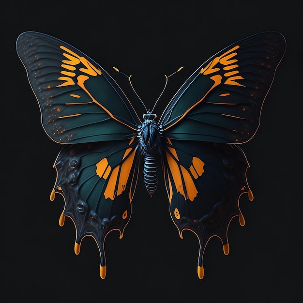 A butterfly with orange and black wings and the word on it