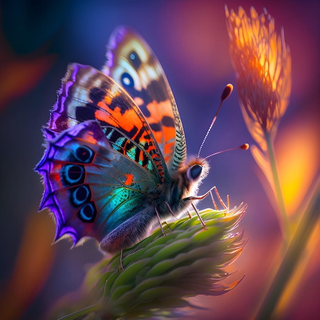 A butterfly with orange and blue on it is sitting on a flower.