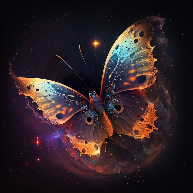 A butterfly with orange and blue wings is on a black background.