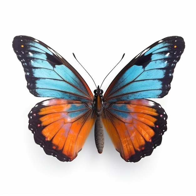 A butterfly with orange and blue wings is shown on a white background.