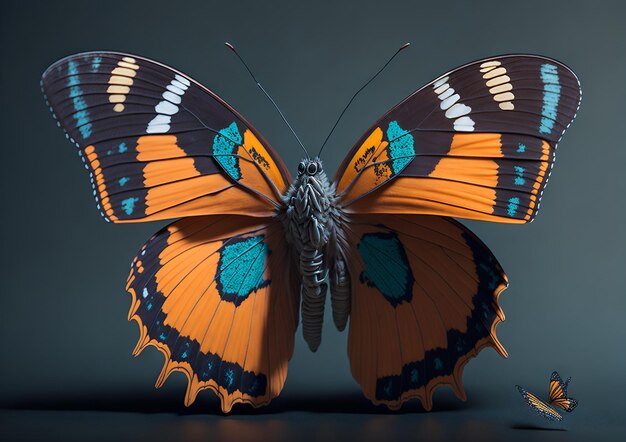 A butterfly with orange and blue on the wings is next to a smaller one.