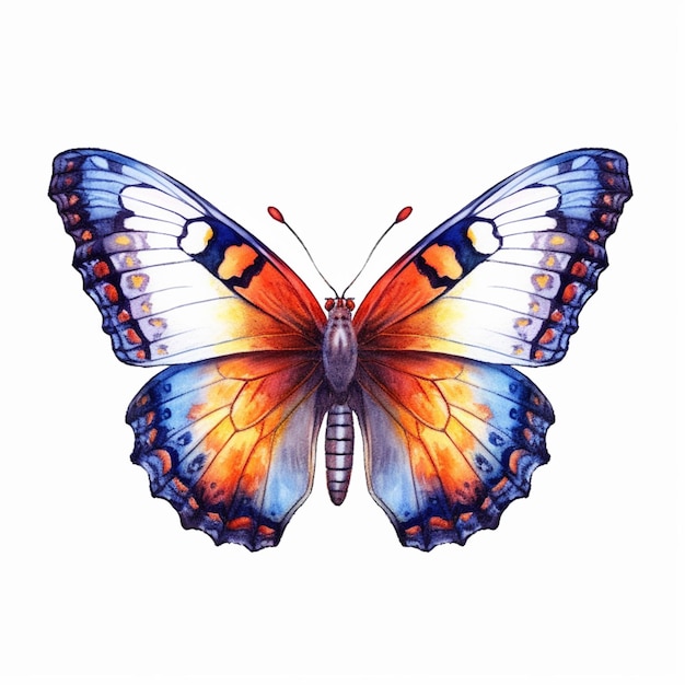 Butterfly with orange and blue wings on white background generative ai