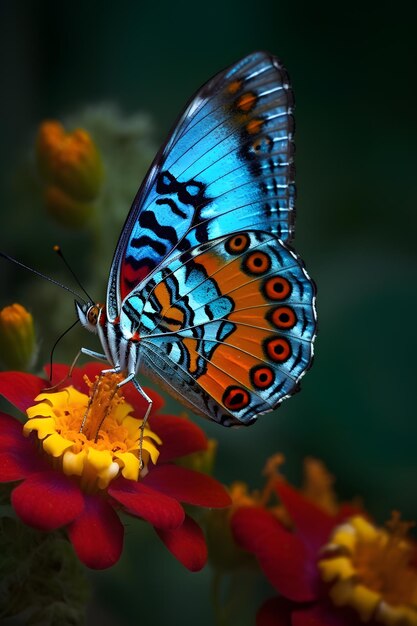 A butterfly with orange and blue wings and the word butterfly on it