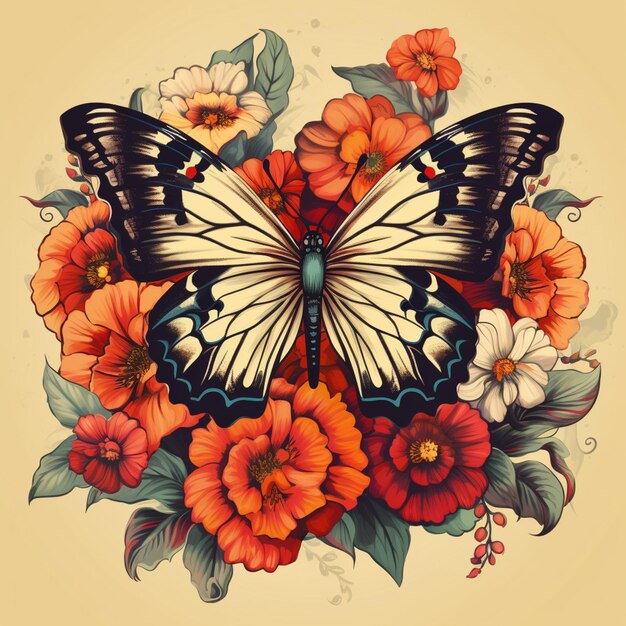Butterfly with orange flowers and leaves on a beige background generative ai