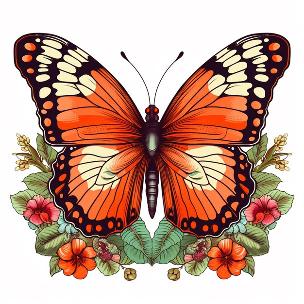 Butterfly with orange wings and flowers on white background generative ai