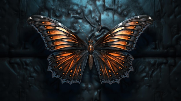 A butterfly with orange wings is on a black background