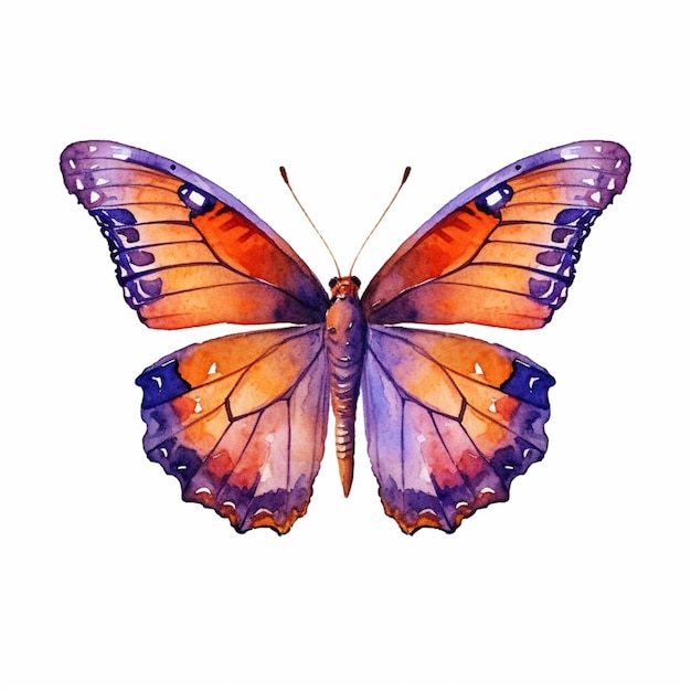 Butterfly with orange wings and purple wings on a white background generative ai