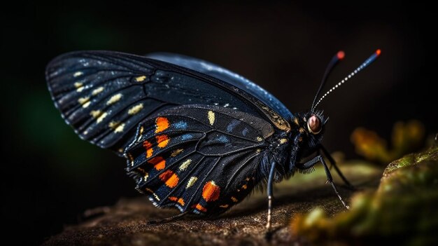 A butterfly with orange wings sits on a log.