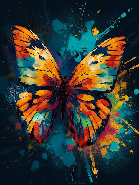 A butterfly with orange wings and yellow wings is on a blue background.