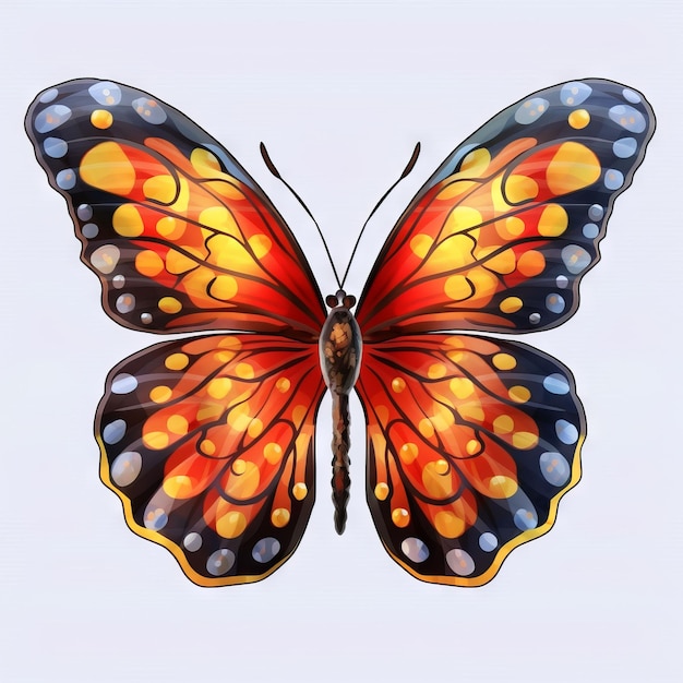 A butterfly with orange and yellow wings and black dots.