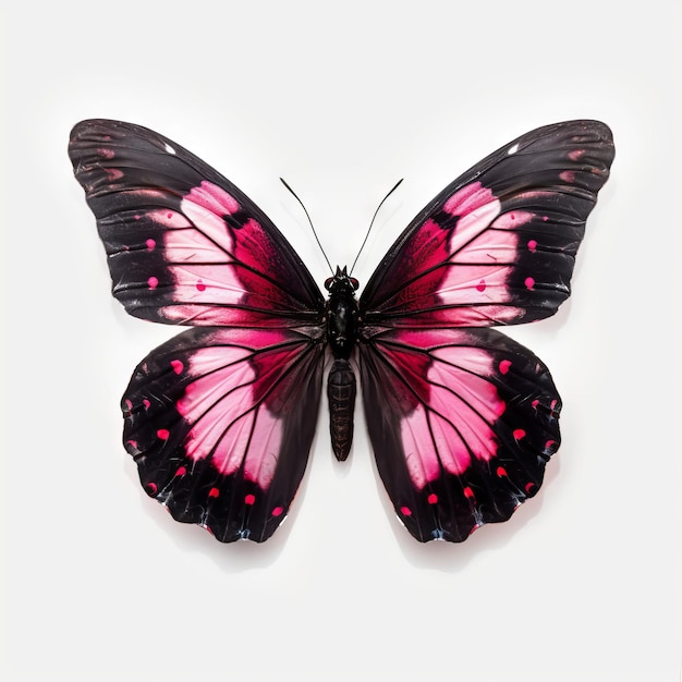 Бабочка с розовыми и черными крыльями на белом фоне.