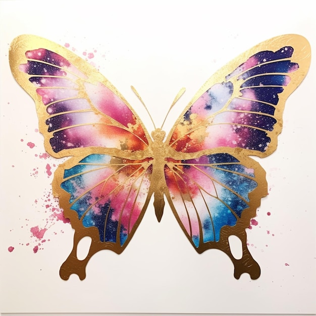 A butterfly with pink, blue, and gold wings is on a white background.