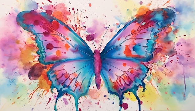 A butterfly with pink and blue wings is painted on a colorful background.