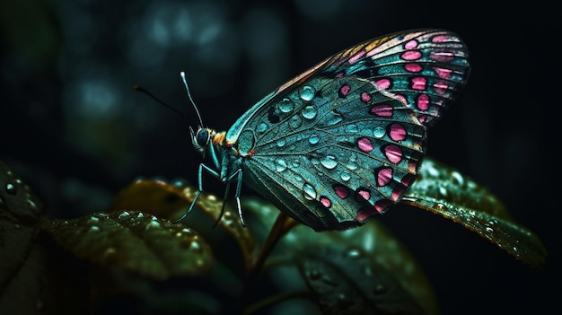 A butterfly with pink and blue wings sits on a leaf.