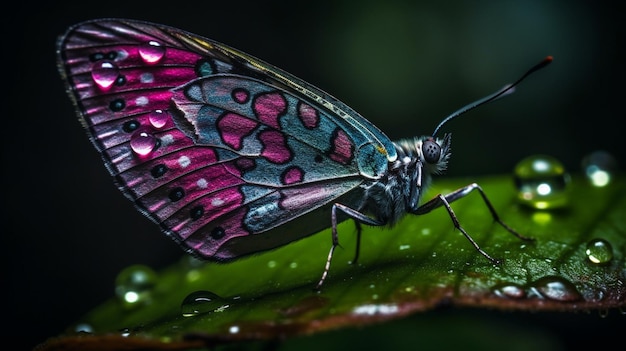 A butterfly with a pink and blue wings sits on a leaf.