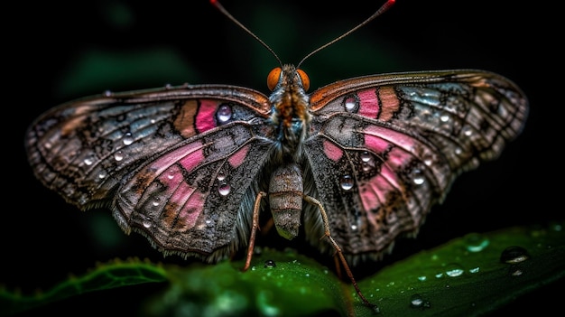 A butterfly with pink wings sits on a green leaf.