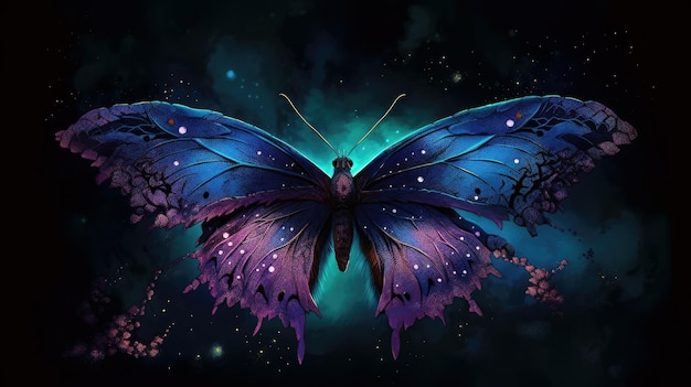 A butterfly with purple wings is on a black background