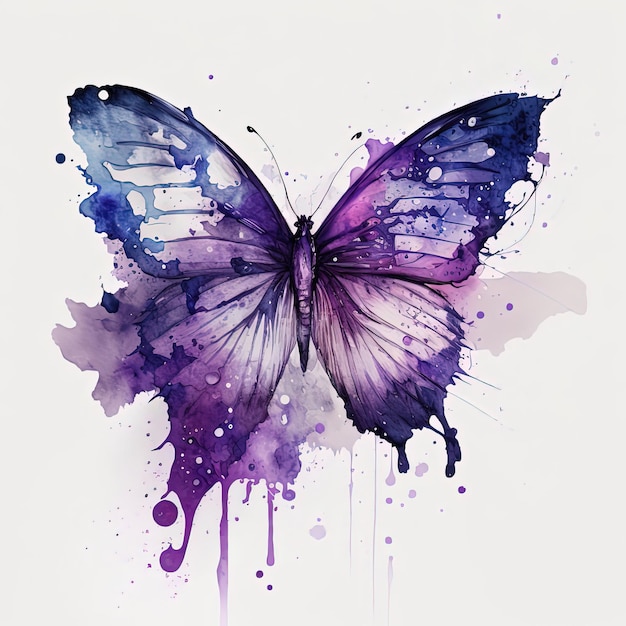 A butterfly with purple wings is painted on a white background.