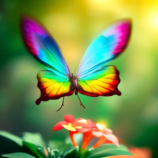 Butterfly with rainbow wings landing on a flower